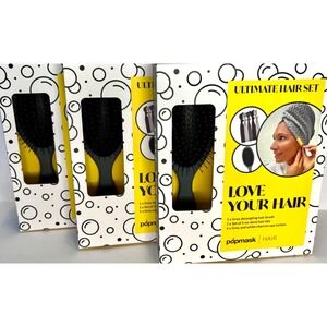 Popmask Ultimate Hair Set Detangling gray‎ Hair Brush &  Ties turban lot of 3